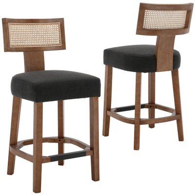 26" Rattan Bar Stools Set of 2, Farmhouse Counter Height Bar Chairs with Natural Wood Legs, Linen Upholstered Barstools with Curved Back, for Kitchen Island/Counter Home Bar, Charcoal