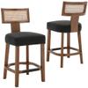 26" Rattan Bar Stools Set of 2, Farmhouse Counter Height Bar Chairs with Natural Wood Legs, Linen Upholstered Barstools with Curved Back, for Kitchen Island/Counter Home Bar, Charcoal view 1