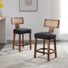 26" Rattan Bar Stools Set of 2, Farmhouse Counter Height Bar Chairs with Natural Wood Legs, Linen Upholstered Barstools with Curved Back, for Kitchen Island/Counter Home Bar, Charcoal view 2