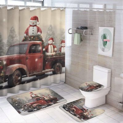 Dunmat 4 Pieces Vintage Truck Shower Curtain Set Snowman Christmas Tree Rustic Bathroom Decor Sets with Rugs Bathroom Accessories Set Bathroom Curtain Shower Set with 12 Hooks