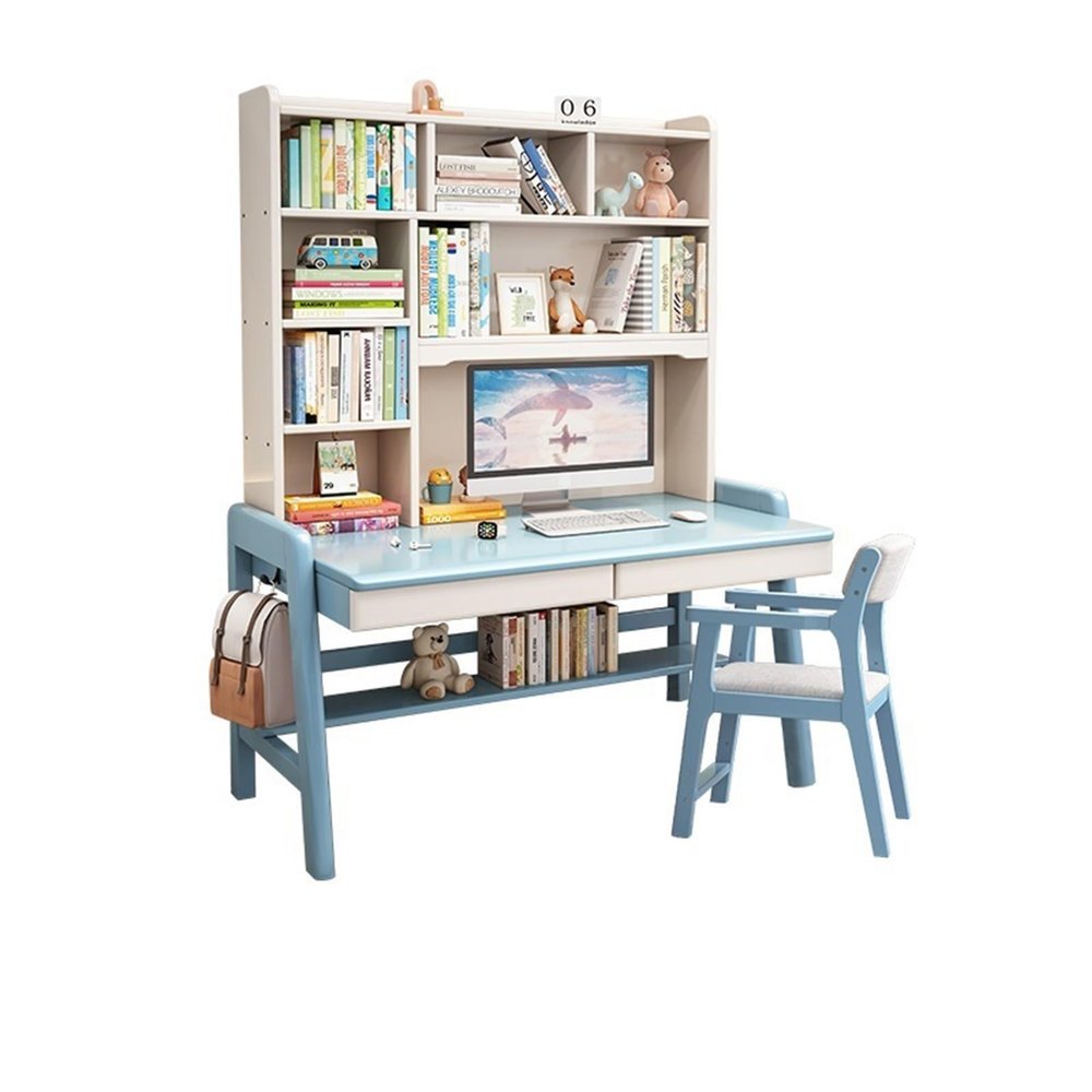 DOLUNTO Solid Wood Study Desk and Bookshelf Combo, Simple Home Office and Writing Table (Color : Blue+Chair B, Size : 80x60x184cm)