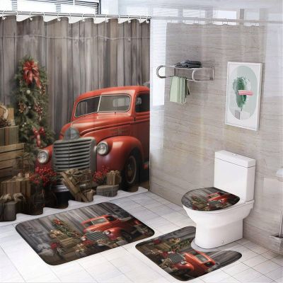 Dunmat 4Pcs Modern Fun Christmas Shower Curtain Sets with Non-Slip Rugs, Toilet Lid Cover and U Shape Bath Mat, Wooden Box Red Truck Bathroom Sets Waterproof Shower Curtains with 12 Hooks