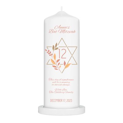 Personalized Bat Mitzvah Pillar Candle, Jewish Celebration, Hebrew Candle Gift for Girls, Unscented White Premium Wax (Bat Mitzvah)
