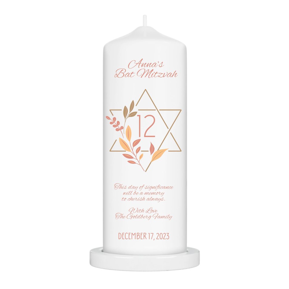 Personalized Bat Mitzvah Pillar Candle, Jewish Celebration, Hebrew Candle Gift for Girls, Unscented White Premium Wax (Bat Mitzvah)