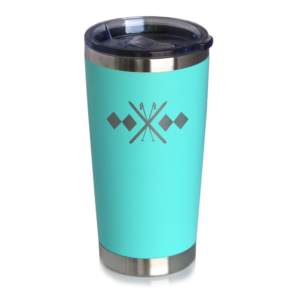Bevvee Double Black Diamond - Insulated Coffee Tumbler Cup with Sliding Lid - Stainless Steel Travel Mug - Fun Skiing Gifts for Skiers - Teal