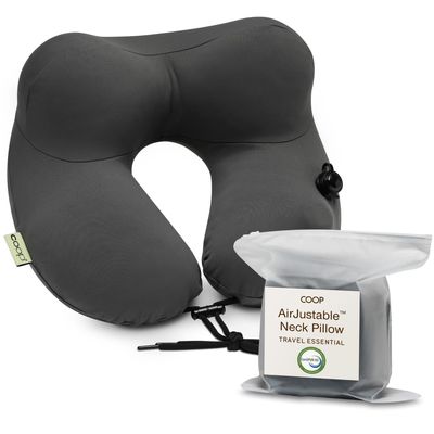 Coop Home Goods AirJustable Travel Neck Pillow, Inflatable, Adjustable Support for Neck & Chin, Compact Travel Pillow, Soft Memory Foam Comfort, Airplane Travel Essentials, Cooling & Washable Cover