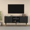 58'' Fluted TV Stand, Mid-Century Modern TV Console for 65/70/75 Inch TV, Wood Entertainment Center with Storage, Sliding Doors, Adjustable Shelves and Media Console for Living Room, Bedroom, Black view 3