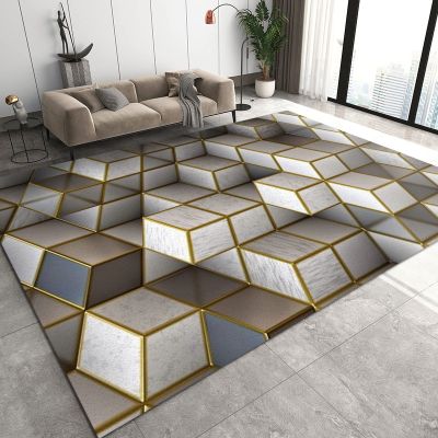 3D Geometric Marble Area Carpet, Nordic Golden Yellow Quadrilateral Lines Bedroom Rug, Living Room Rugs Bright Color Durable Enough Apply to Family and Pet Kids Room,35ft/90 * 150cm