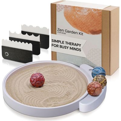 ENSO Japanese Zen Garden Kit for Desk - Inori Premium Sand Garden Gift Set for Meditation Therapy - Mini Zen Dcor Office Desktop Accessories - Solid Wood Tray, 4 Hand Crafted Spheres & Custom Holder