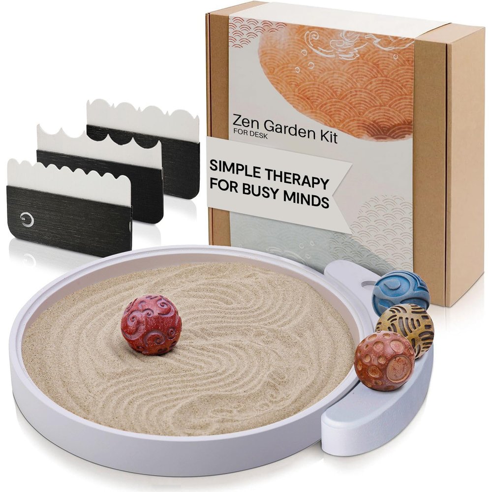 ENSO Japanese Zen Garden Kit for Desk - Inori Premium Sand Garden Gift Set for Meditation Therapy - Mini Zen Dcor Office Desktop Accessories - Solid Wood Tray, 4 Hand Crafted Spheres & Custom Holder