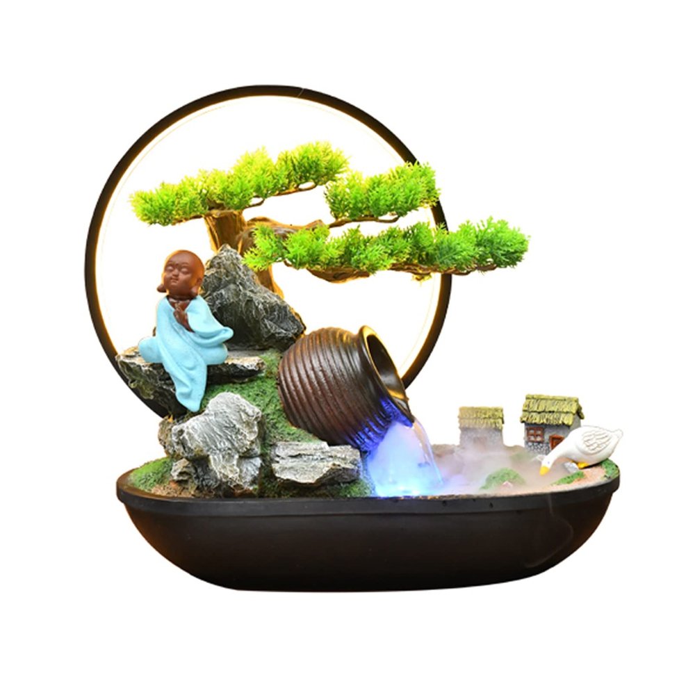 FRANCES Waterfall Indoor Water Fountain Artificial Bonsai Table Fountain with LED Lights Zen Fountain for Home Office Bedroom Desk Decoration Indoor Fountain