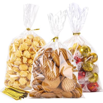 aaton 100 PCS Clear Cellophane Bags, Plastic Gift Wrap Bags, Small Treat Bags, Cookie Candy Bags, Cake Pop Bags with Twist Ties for Gift Baskets Favors Birthday Party,Small
