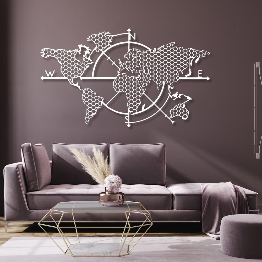 Metal World Map Compass Wall Decor, Metal World Map Wall Art, Large Metal Wall Art, Metal Wall Art, Metal Sign, Wall Hangings, Metal Wall Decor for Living Room Bedroom Office (47"x28" | 120x70 cm, White)