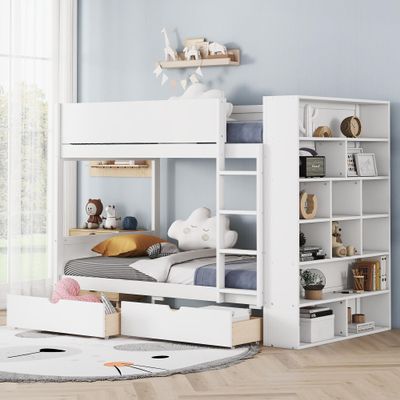 SOFTSEA Twin Over Twin Bunk Bed with Drawers and Bookcase Solid Wood Bunk Beds with Safety Guardrails for Kids, Teens, Juniors, No Box Spring Needed