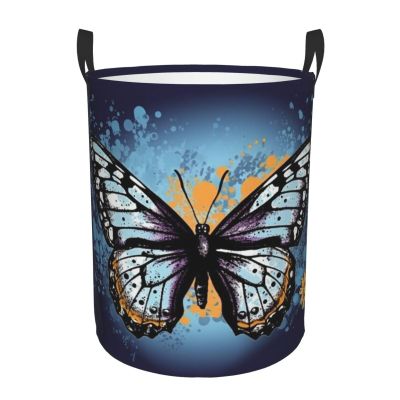 Comic style butterfly print Laundry Basket Waterproof Laundry Hamper with Handle Collapsible Organizer Basket Circular portable Storage Bin for Kitchen Living Room Bathroom Closet Car