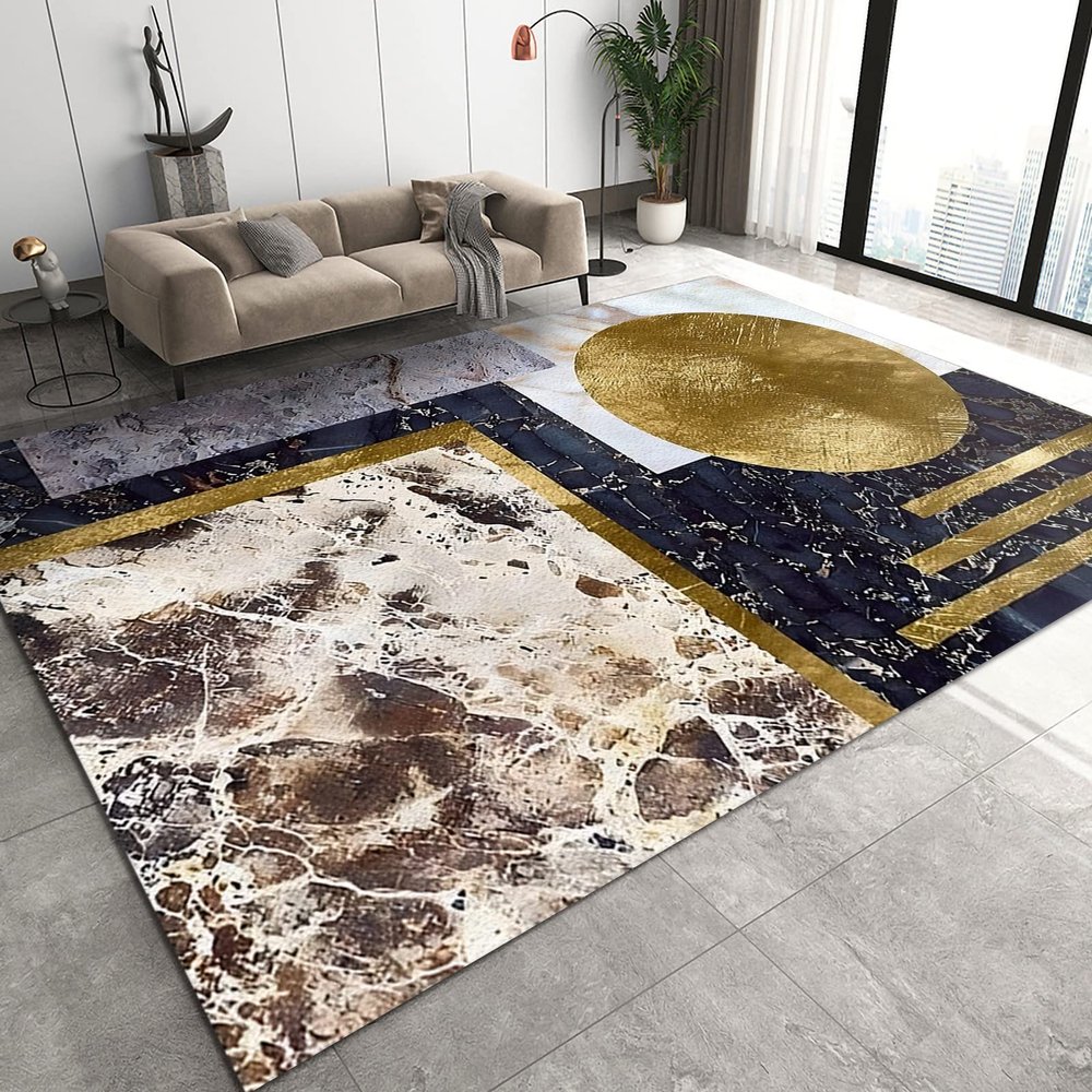3D Retro Tiles Marble Area Rugs, Luxurious Golden Circle Lines Rough Pattern Bedroom Rug, Large Area Rug Fuzzy Plush Soft With Backing Apply to Office Family and Pet Farmhouse,68ft/180*240cm