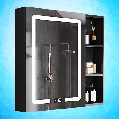 DELURA Bathroom Medicine Cabinet with Lights, LED Mirror Medicine Cabinet, Defogger, Dimmer, Memory Function, Lighted Medicine Cabinet, Surface Mount (Color : BK, Size : 72x68cm/28.3x26.8in)