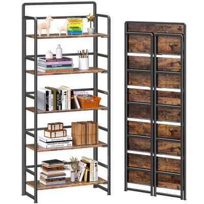 4NM No Assembly 5 Tiers Folding Bookshelf Storage Shelves Vintage Bookcase Standing Racks Study Organizer Home Office (Rustic Brown Black)