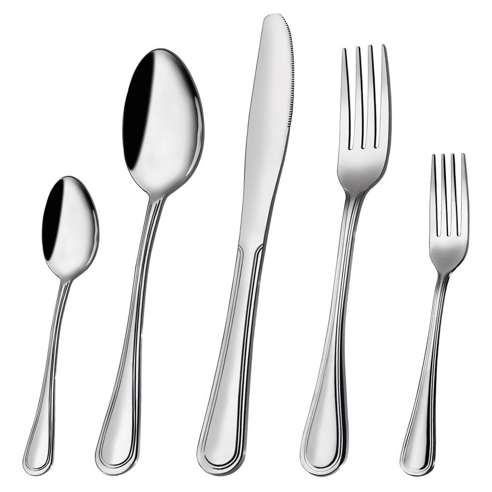 WHIERGGIN Silverware Set, 30 Piece Silver Stainless Steel Cutlery Set Steak Knife Fork Spoon Dessert Tableware