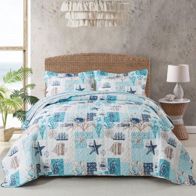 Travan King Size Beach Quilt, Ultra Soft & Fade Resistant Coastal Quilt Set with 2 Shams, Ocean Theme for All Season, Ancient Mark-02