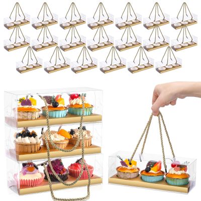 Thenshop 20 Pack Gold Clear Cupcake Boxes with Handle and Inserts, 9 x 3 x 3 Inch 3 Count Cupcake Carrier Boxes for Wedding, Anniversary, Party Favors and Dessert Gifts
