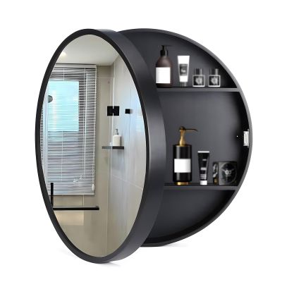 Bathroom Mirror Cabinet,Round Bathroom Mirror Cabinet,Storage Mirror Cabinet,Wall Bathroom Mirror Cabinet,with Shelf Bathroom Wall (Color : Black-A, Size : 50x50x13cm)
