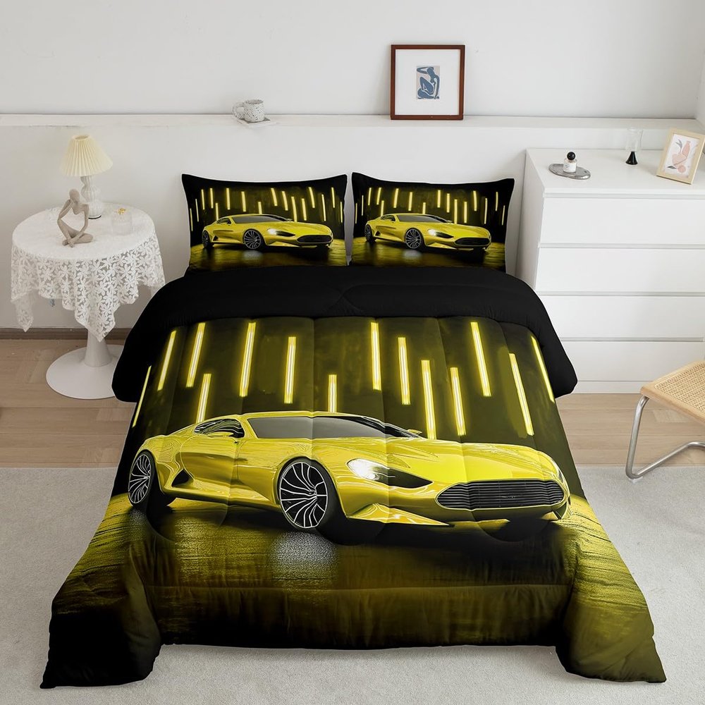 Erosebridal Twin Comforter Set for Boys, Toddler Race Car Bed for Boys Neon Lights Sports Car Comforter Set Extreme Sport Vehicles Quilt Speed Racing Car Duvet Insert,Yellow