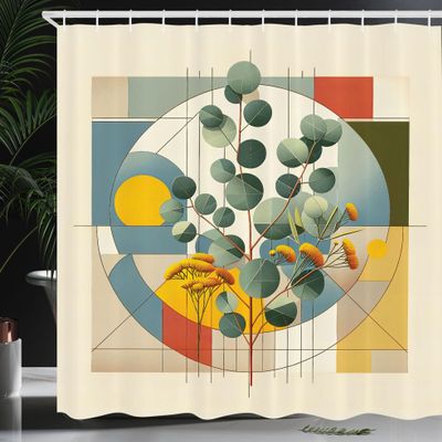 Ambesonne Eucalyptus Leaves Shower Curtain, Circular Branches in Classic Mid Century Modern Influences, Cloth Fabric Bathroom Decor Set with Hooks, 69" W x 84" L, Laurel Green Multicolor
