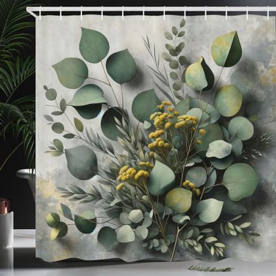 Ambesonne Eucalyptus Leaves Shower Curtain, Gloomy Love of Nature on Neutral Watercolor Art Background, Cloth Fabric Bathroom Decor Set with Hooks, 69" W x 75" L, Mustard and Reseda Green