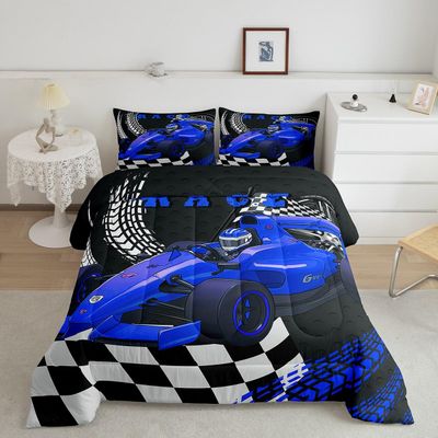 Erosebridal Go Kart Twin Bedding Set for Boys, Race Car Bed for Boys Drift Kart Toddler Bedding Sets,Black and White Checked Plaid Comforter Set Square Grid Lattice Karting Quilt,Blue