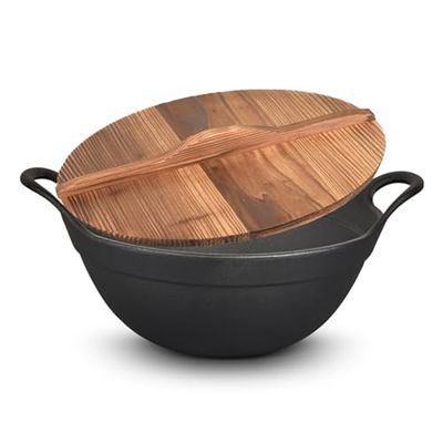 Cast Iron Wok Pan with Wooden Lid - 25cm/28cm/32cm/36 cm Woks and Stir Fry Pans - Chinese Wok with Round Bottom Wok,32cm (25cm)