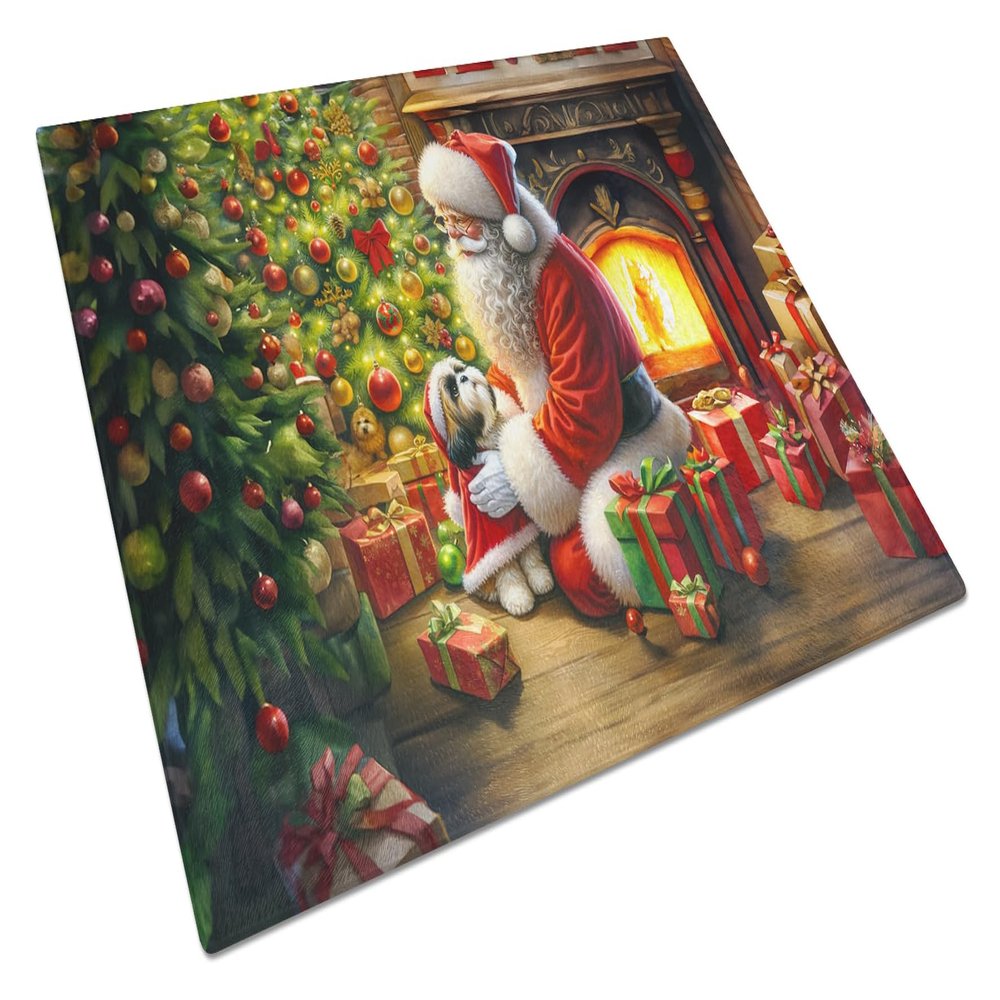 Caroline's Treasures DAC4158LCB Shih Tzu and Santa Claus Glass Cutting Board Decorative Tempered Glass Kitchen Cutting and Serving Board Large Size Chopping Board