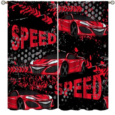 Racing Car Blackout Curtains, Cartoon Hand Painted Abstract Red Speed Car Extreme Sports Window Treatments Drapes for Teens Boys Bedroom Playroom Living Room,2-Panel Set & Rod Pocket63x72in