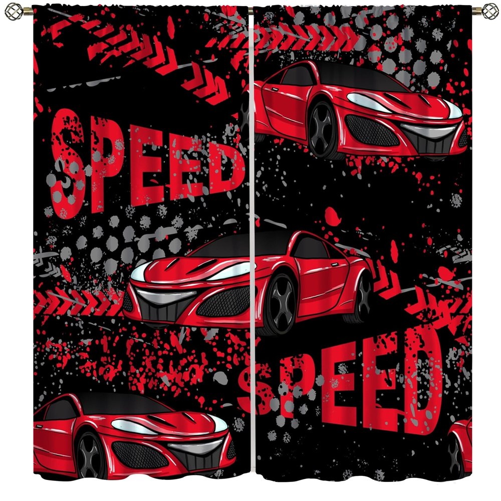 Racing Car Blackout Curtains, Cartoon Hand Painted Abstract Red Speed Car Extreme Sports Window Treatments Drapes for Teens Boys Bedroom Playroom Living Room,2-Panel Set & Rod Pocket63x72in