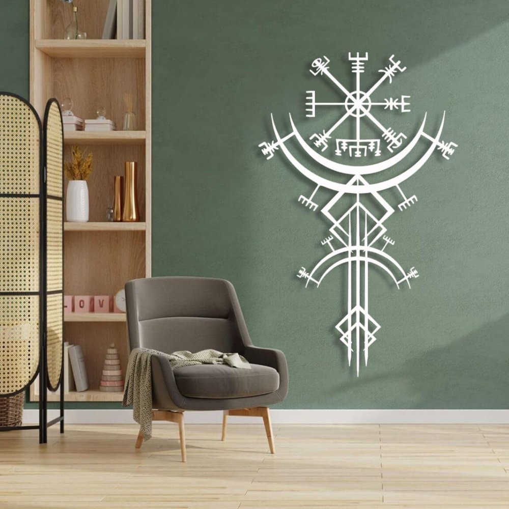 Kewhush Vegvisir Metal Wall Art, Viking Metal Wall Decor, Nordic Mythology Vegvisir Runes and Symbols, Runic Wall Decor, Viking Wall Art, Modern Home Decor Wall Art (41"x25" | 105x64.5 cm, White)