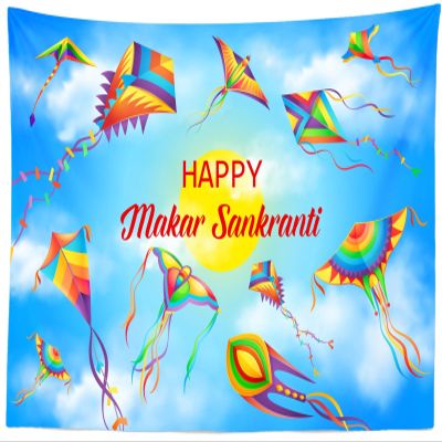 CORFOTO 180x117 Inch Happy Makar Sankranti Tapestry Flying Kites in Sky Indian Harvest Festival Wall Background for Pongal Party Decor India Religion Holiday Banner Living Room Dorm Wall Hanging