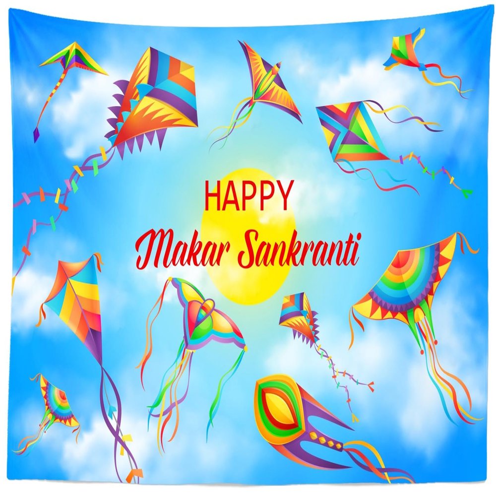 CORFOTO 180x117 Inch Happy Makar Sankranti Tapestry Flying Kites in Sky Indian Harvest Festival Wall Background for Pongal Party Decor India Religion Holiday Banner Living Room Dorm Wall Hanging