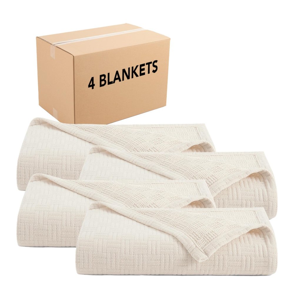Arkwright Basket Weave Twin Blanket - Case of 4-100% Ringspun Cotton All Season Blankets, Luxury Hotel Quality, Soft on Skin, Breathable, 300 GSM for Bed, Sofa, and Chair, 68 X 90 in, Beige