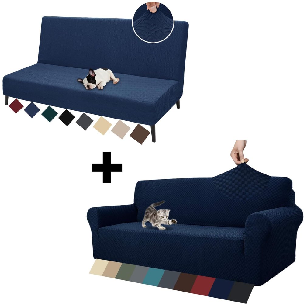 ZNSAYOTX 1 Piece Jacquard Couch Covers for 3 Cushion Couch + Armless Futon Covers Full Size, Jacquard Sofa Bed Slipcovers, Stretch Queen Futon Cover with Non Slip Elastic Bottom