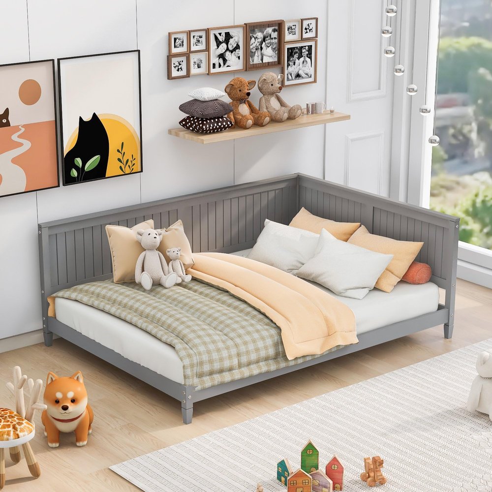 WEALTHKING Mid-Century Modern Solid Wood Daybed Frame with Backrest and Unique Armrest - Elegant Multifunctional Sofa Bed for Home Decor, Sturdy Slats Support, Easy Assembly (Grey,Full)