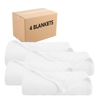 Arkwright Basket Weave Queen Blanket - Case of 4-100% Ringspun Cotton All Season Blankets, Luxury Hotel Quality, Soft on Skin, Breathable, 300 GSM for Bed, Sofa, and Chair, 90 X 90 in, White