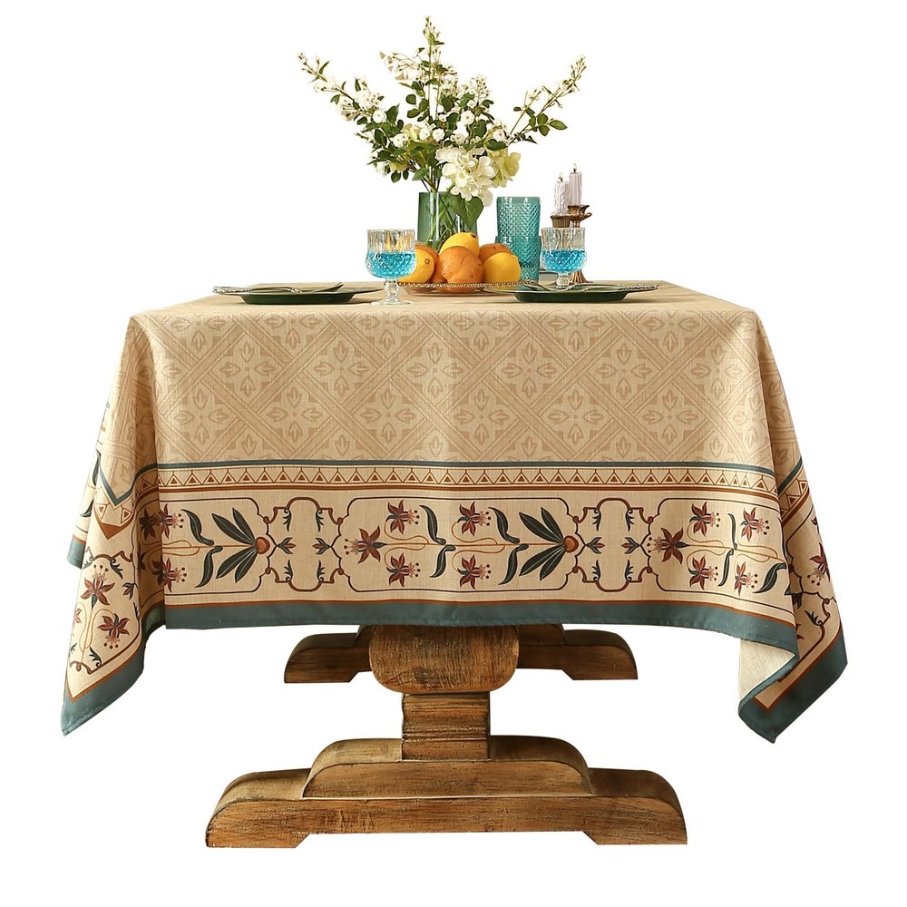 patdrea Designer French Linen Extra Long Tablecloth for Rectangle Table,Beige Anti-Wrinkle Floral Farmhouse Table Cloth,Decor Covers for Kitchen Dining,Party,Christmas,Thanksgiving,67"x118"-Fram
