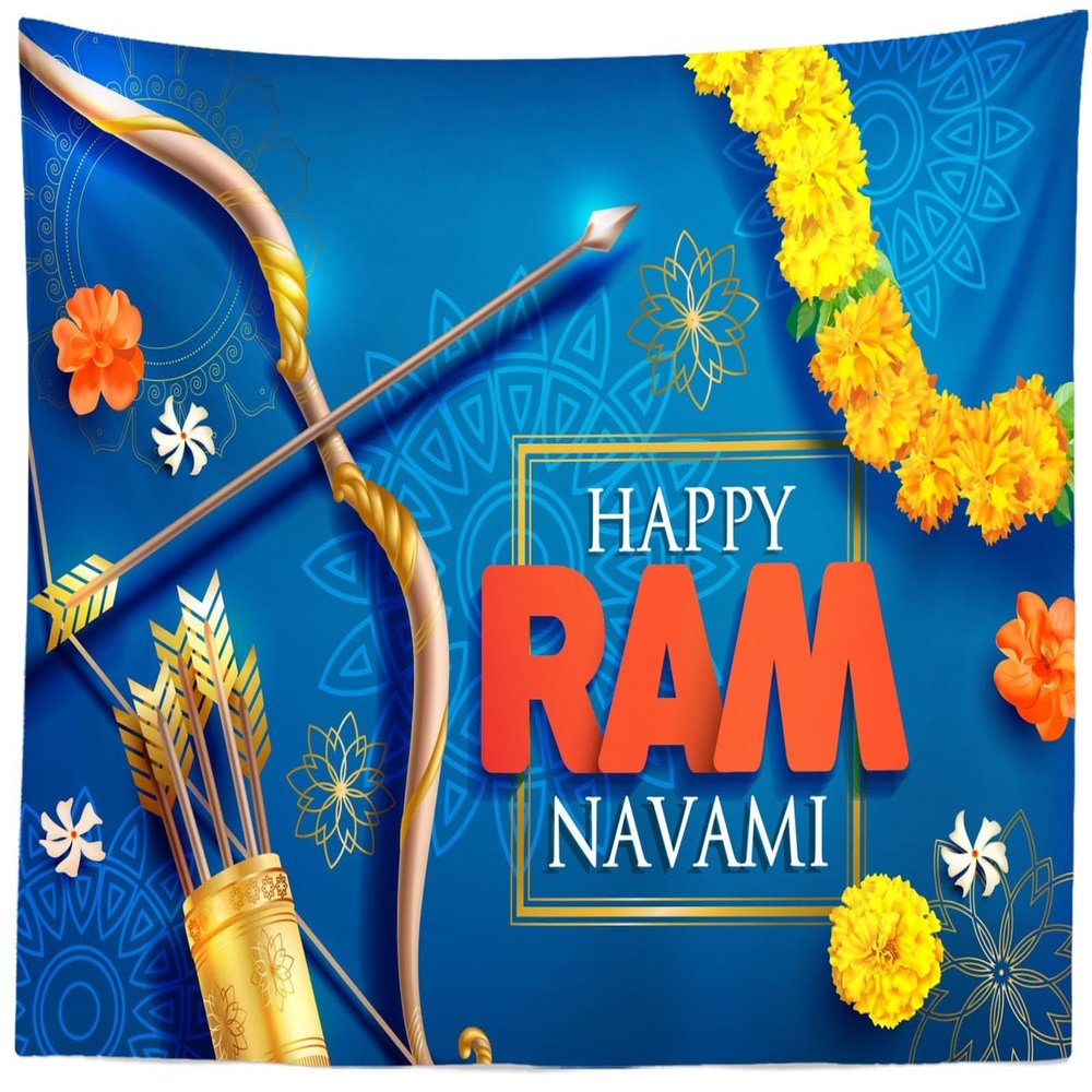 CORFOTO 70x47 Inch Happy Ram Navami Tapestry Wall Hanging Birthday of Lord Rama for Hindu Spring Festival Navratri Greeting Card Background for Party Decoration Bedroom Living Room Wall Decor