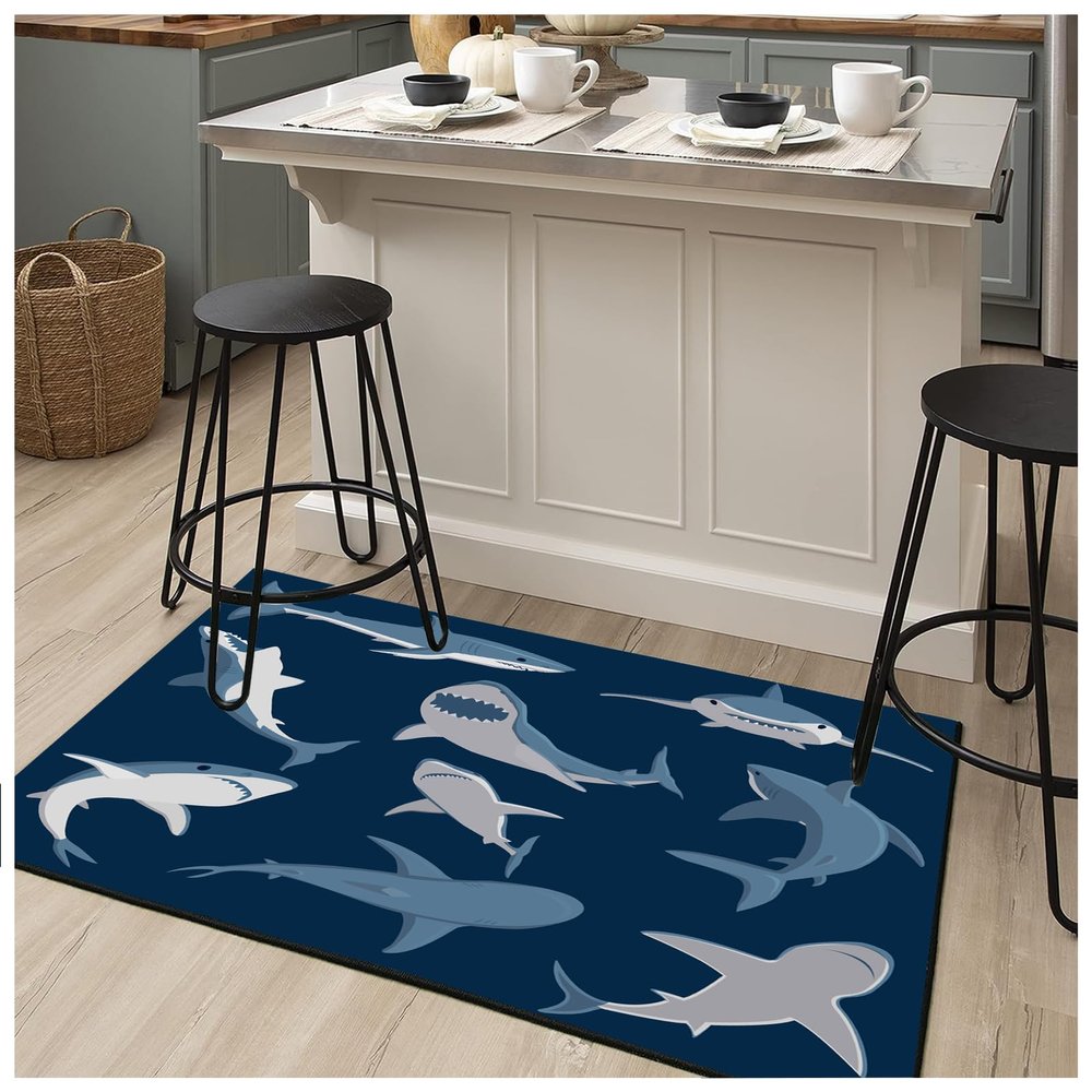 NEVKA Absorbent Bath Mat, Quick-Drying Bathroom Mats, Living Room Floor Mat, Rubber Non-Slip Bottom, Easy to Clean Bathroom Area Rugs, Simple Kitchen Doormat (Rectangle, Sharks Pattern,3x5ft/36x60in)