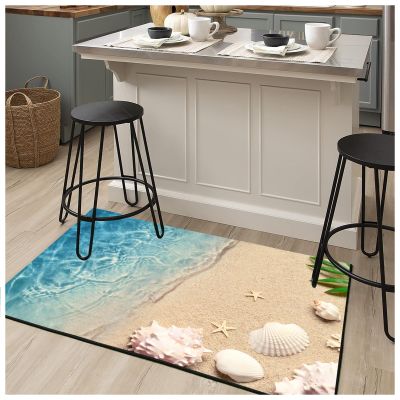 NEVKA Stone Bath Mat - Diatomaceous Earth Shower Mat, Non-Slip Super Absorbent Quick Drying Bathroom Floor Mat, Tide and Beach Shells Pattern, Easy to Clean (4x5ft/48x60in/120x150cm Indigo/Wheat)