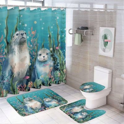 FBMLBRB Brebasf Watercolor Cartoon Underwater Seal Print 4 Pieces Shower Curtain Set, Cute Sea World Animal Seal Coral Flower Non-Slip Rugs Toilet Lid Cover Bath Mat and Bathroom Curtain