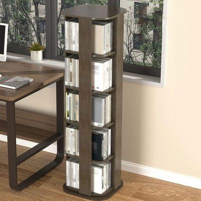 GAMAK Rotating Bookshelf Kids 5 Tier, Tall Narrow Bookcase Revolving Bookcase Corner PVC Board Bookcase with Small Footprint for Adults, Creative Bookshelf for Living Room (Color : Walnut)