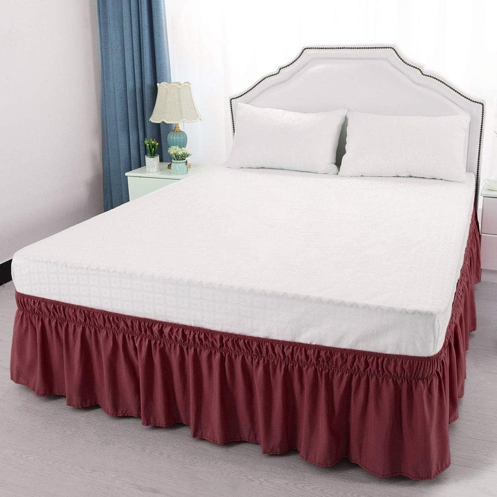 Burgundy Wrap Around Bed Skirts with 16" Drop - Three Sides Fabric Adjustable Elastic Dust Ruffle -600TC Stretchy Cotton Bed Skirt with 16" Drop-Queen XL(60"X 84") Burgundy Light Weight