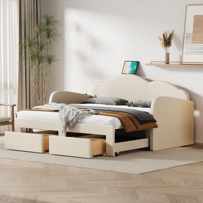 VilroCaz Extendable Twin to King Size Upholstered Daybed with 2 Drawers, Velvet Upholstery Daybed Sofa Bed with Cloud-Shaped Backrest, Strong Wood Slats Support, Maximize Space (Beige-VT)
