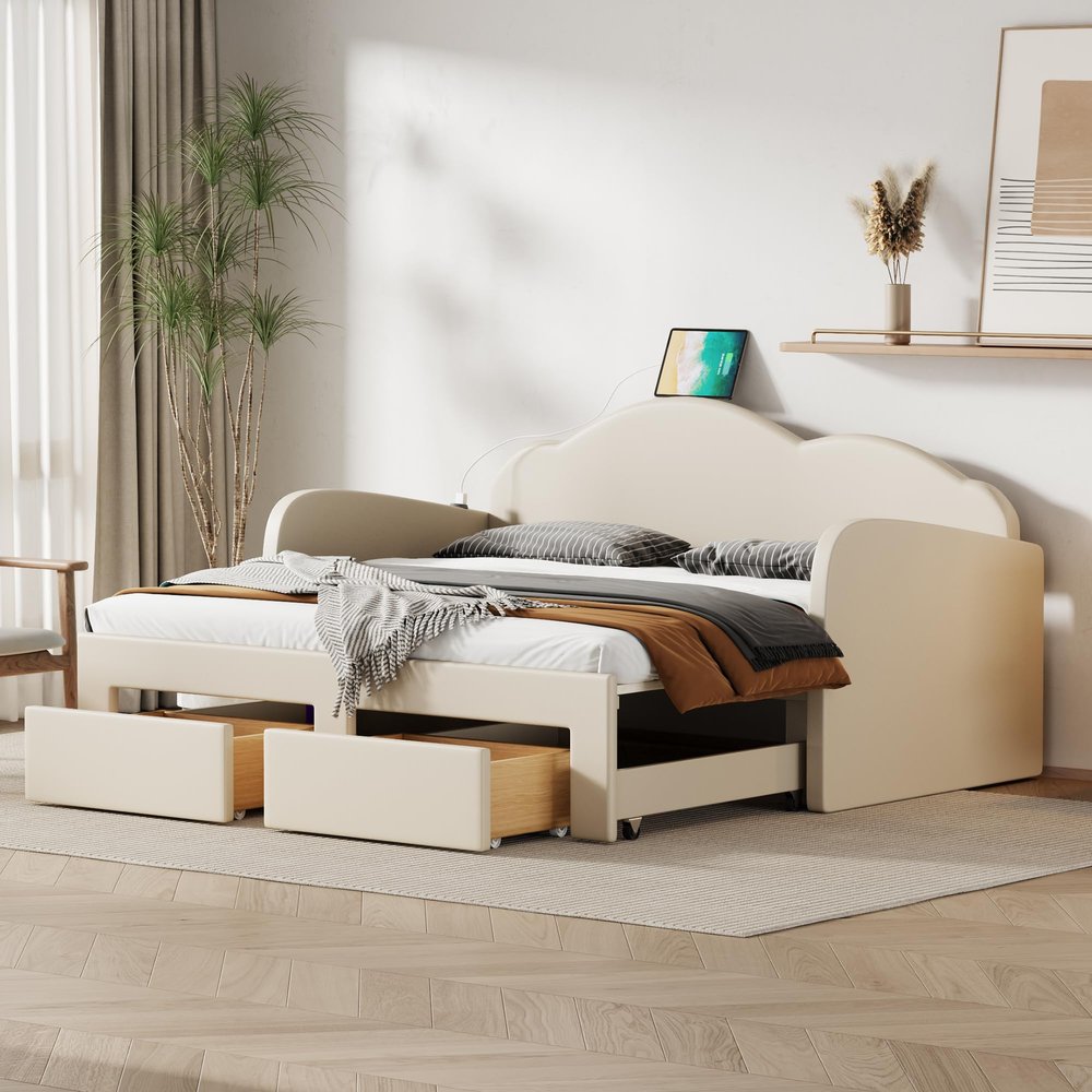 VilroCaz Extendable Twin to King Size Upholstered Daybed with 2 Drawers, Velvet Upholstery Daybed Sofa Bed with Cloud-Shaped Backrest, Strong Wood Slats Support, Maximize Space (Beige-VT)